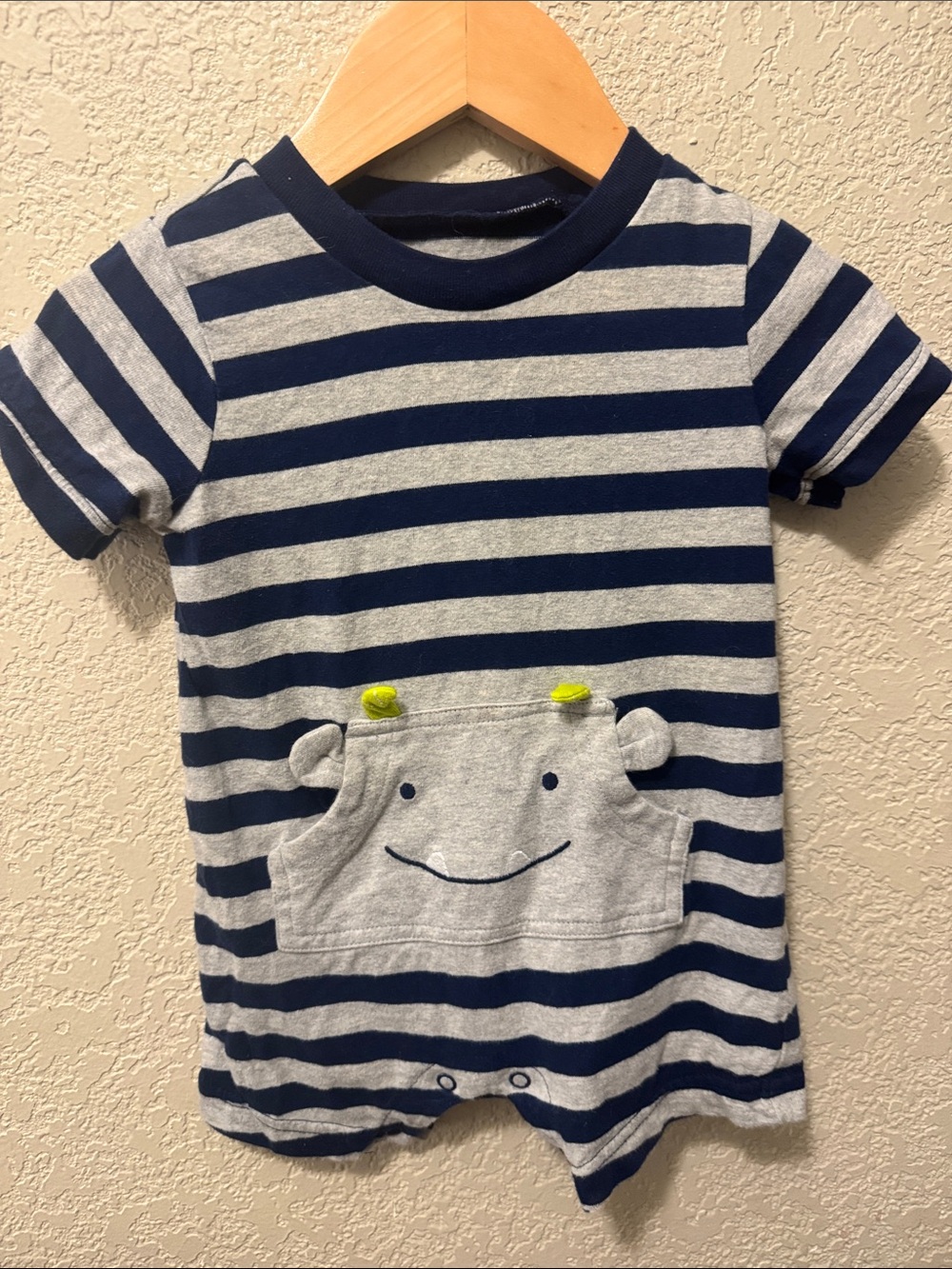 Carter's Navy and Gray Striped Short Sleeve One-Piece Romper with Hippo Pocket
